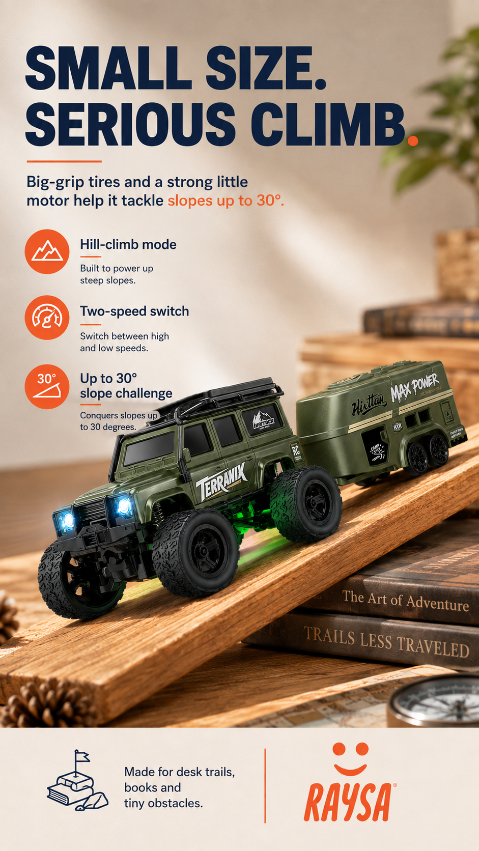 Army Green RAYSA RC crawler climbing a 30 degree slope