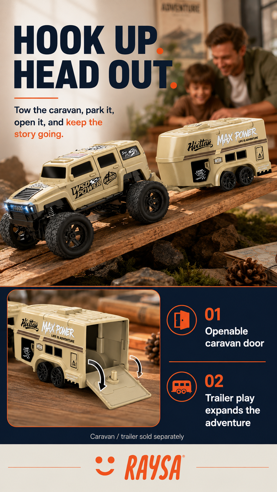 RAYSA 1:64 RC crawler towing an openable caravan