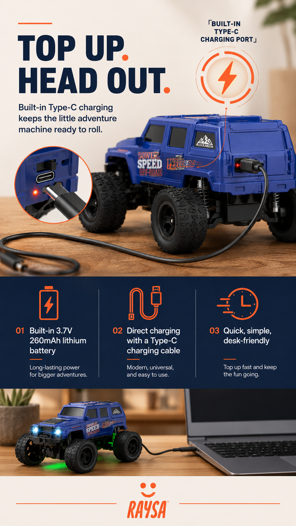 Blue RAYSA RC crawler using its built-in Type-C charging port